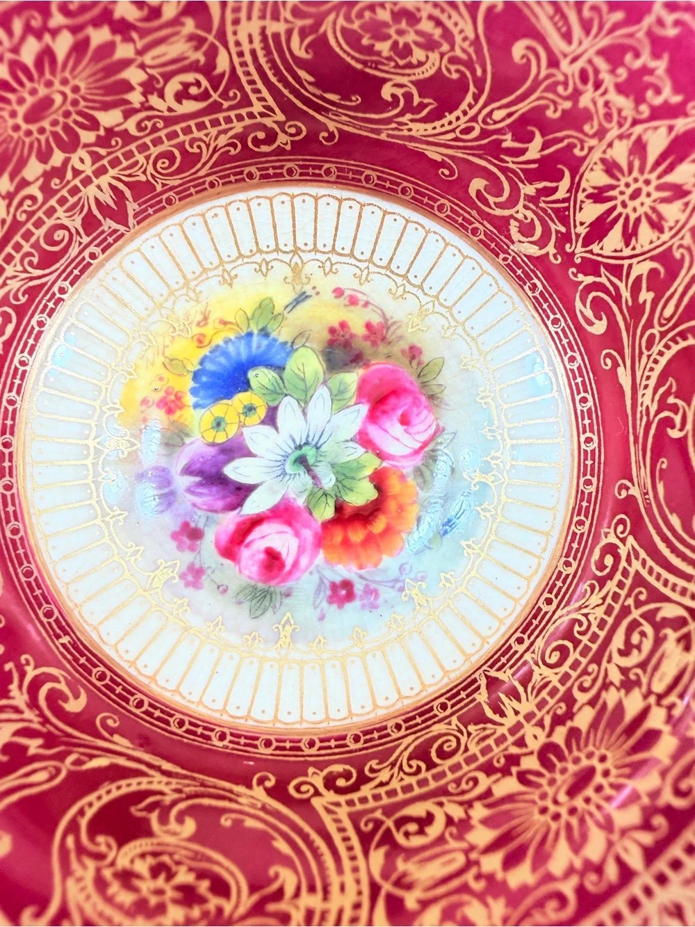 RARE Antique Royal Worcester Cranberry Gold Teacup Cup Saucer Set Gump’s 1929